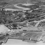 Black and white aerial image of Cardiff Docks (historical).
