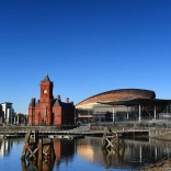 buildings and reflection into water.