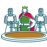 円卓の隣に立つアーサー王と 2 人の騎士のイラスト