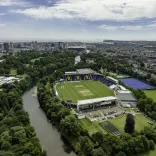 Aerial photograph showing Sophia Gardens cricket ground next to the River Taff in the centre of Cardiff 