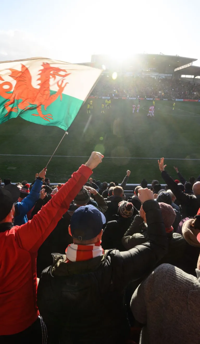 サッカーの試合を応援する観客。スタジアムの座席ではウェールズの国旗がはためいています。