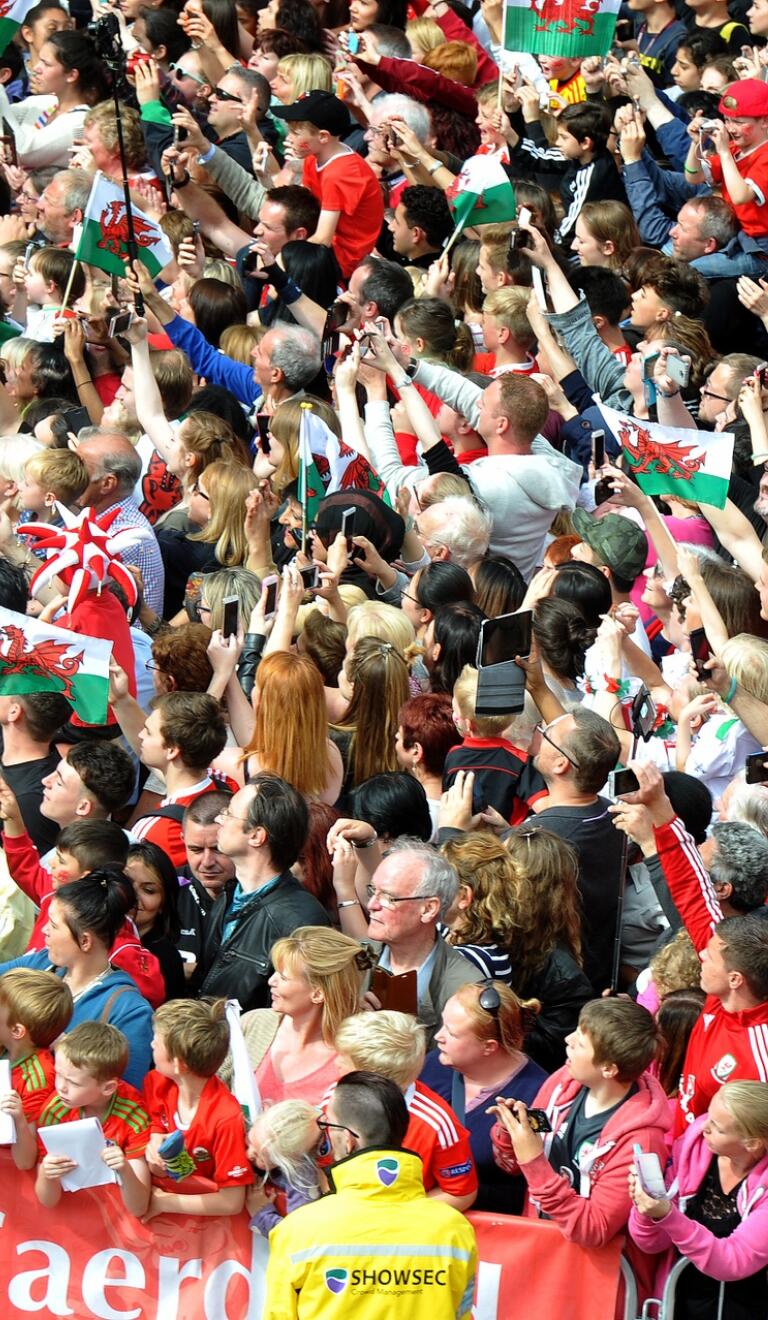 A large crowd of fans wearing Welsh kit in the stands of a stadium, waving Welsh flags and cheering on the team 