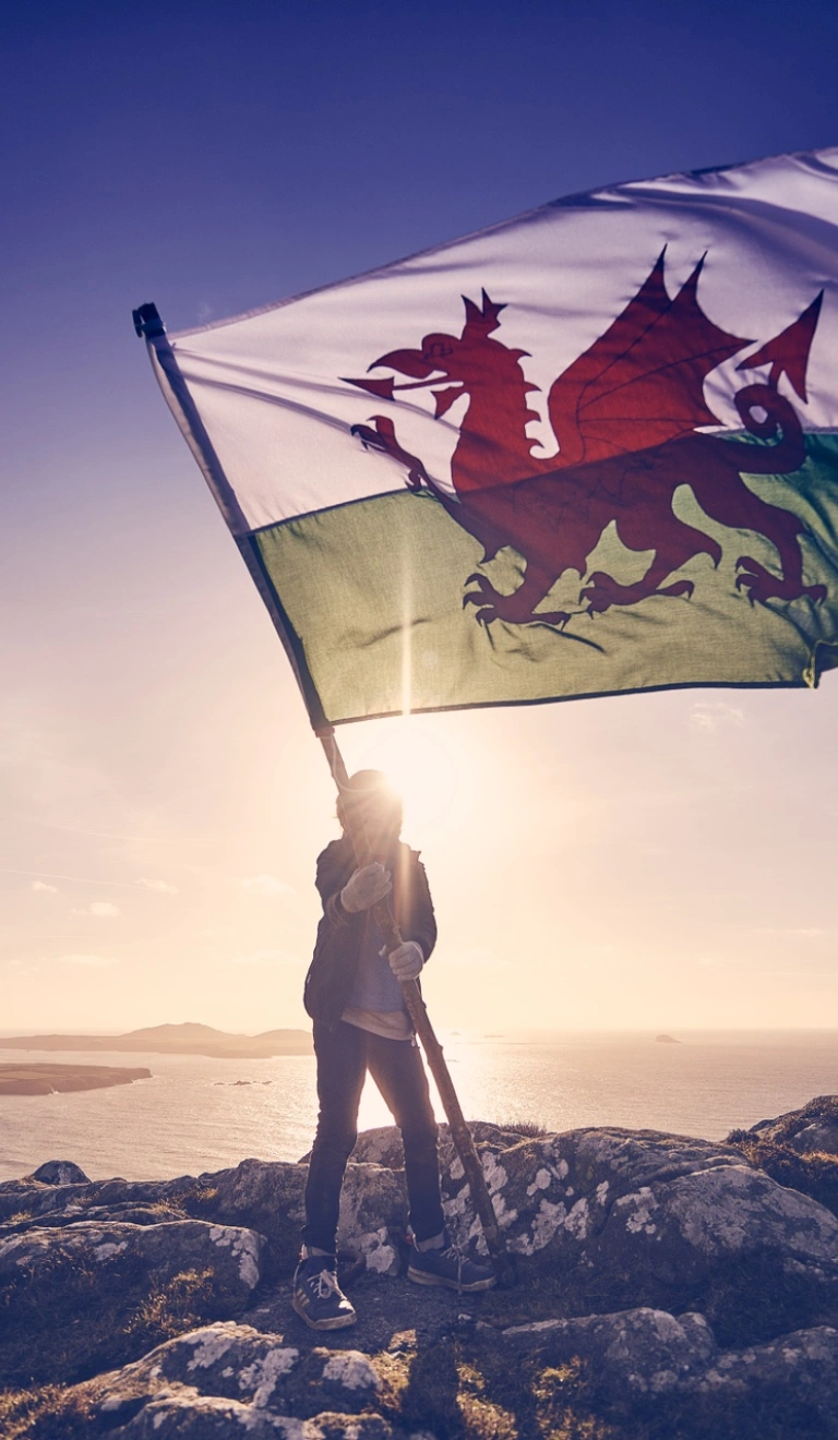 ウェールズの旗を持っている人